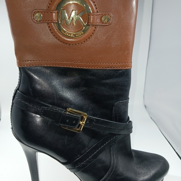 *Michael Kors Stockard Bootie Dark Brown/Black 5" Heel Sz 10M Gold Side Zipper - Picture 12 of 14